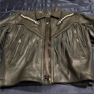 3M Thinsulate Black Leather Fringe Jacket with Arrow Appliqués